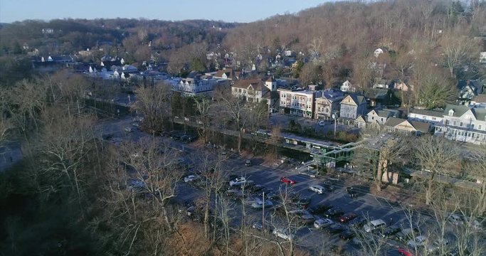 Rising Aerial of Katonah and Metro North Train Station Parking Lot