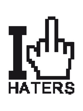 mitelfinger pixel bit nerd geek i love herz liebe fuck off you hand cool haters gonna hate logo zeichen schild stempel hass hassen b&ouml;se idioten dumm hass