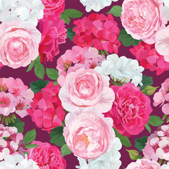 Seamless pattern of colorful of geranium flowers with leaf and roses background template. Vector set of blooming floral for holiday invitations, greeting card and fashion design.