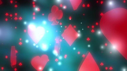Red card suits on blue and black background with particles looping animation