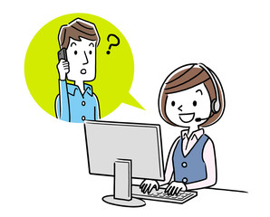 イラスト素材: コールセンター オペレーターの女性と会話