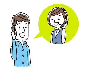 イラスト素材: コールセンター オペレーターの女性と会話