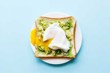 Healthy Breakfast with Bread Toast and Poached Egg with Green Avocado. Flat lay