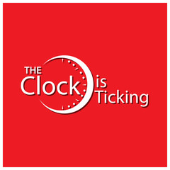 The clock is ticking. Flat vector alarm clock icon on red background.