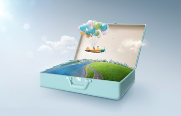Happy sister enjoy with fantasy colorful balloons plane fly and floating in an open retro vintage...