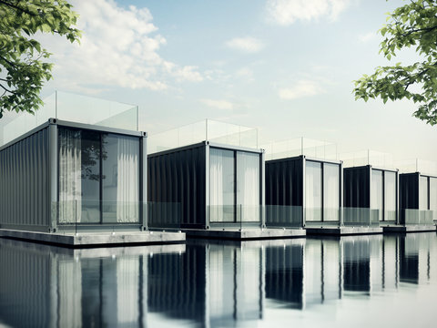 Container House on lake resort, daylight 3D render
