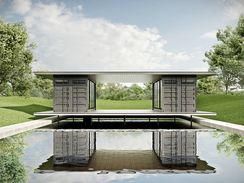 Container pavilion with pond 3D render.