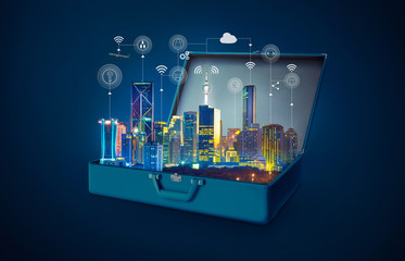 Smart city with smart services and icons, internet of things, networks in an open retro vintage suitcase isolated on blue background .