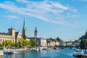 Fototapeta premium Zurich city center with famous Fraumunster and Grossmunster Churches and river Limmat