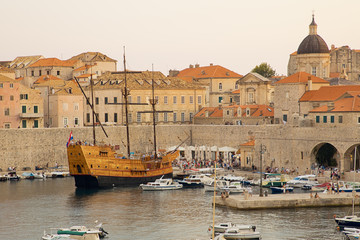 Wood ship in the port of Dubrovnik Croatia at sunset 