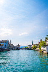 Obraz premium Zurich city center with famous Fraumunster and Grossmunster Churches and river Limmat