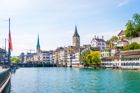 Zurich city center with famous Fraumunster and Grossmunster Churches and river Limmat
