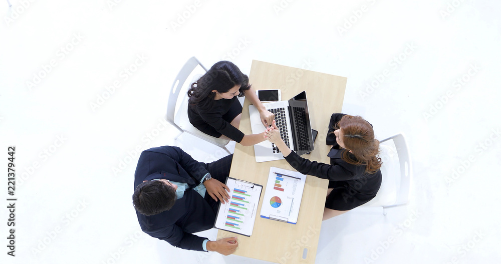 Poster businessmen and group using notebook for partners discussing documents and ideas in meeting and busi