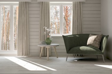 White room with armchair and winter landscape in window. Scandinavian interior design. 3D illustration