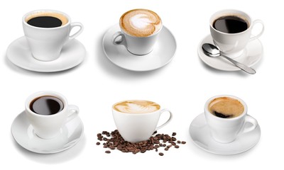 Various cups with hot coffee, isolated on white background
