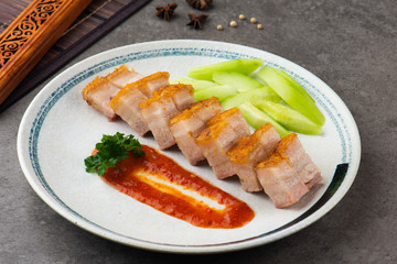 Crispy Oriental Roast Pork Belly with background
