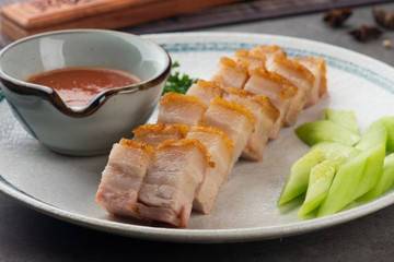 Crispy Oriental Roast Pork Belly with background