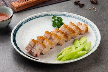 Crispy Oriental Roast Pork Belly with background