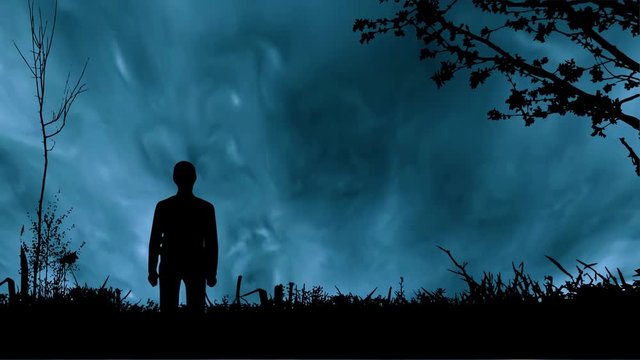 Northern lights and human silhouette. Empty space for text. Simple animation of sky and silhouette of human, grass and trees.