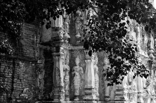 Black and white  Photography : Historical attractions and historic sites in Thailand / &ldquo;Wat ched yod&rdquo; Historic sites in Chiang Mai ,Thailand's major northern provinces