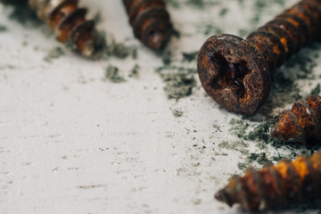 Close up selective focus of rusty screws. old steel bolts on grungy white wood background