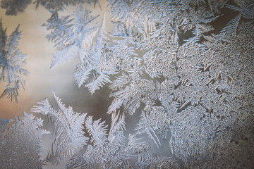 Winter Holidays Season Fantasy World Concept: Colorful Macro Image Of A Frosty Window Glass Natural...