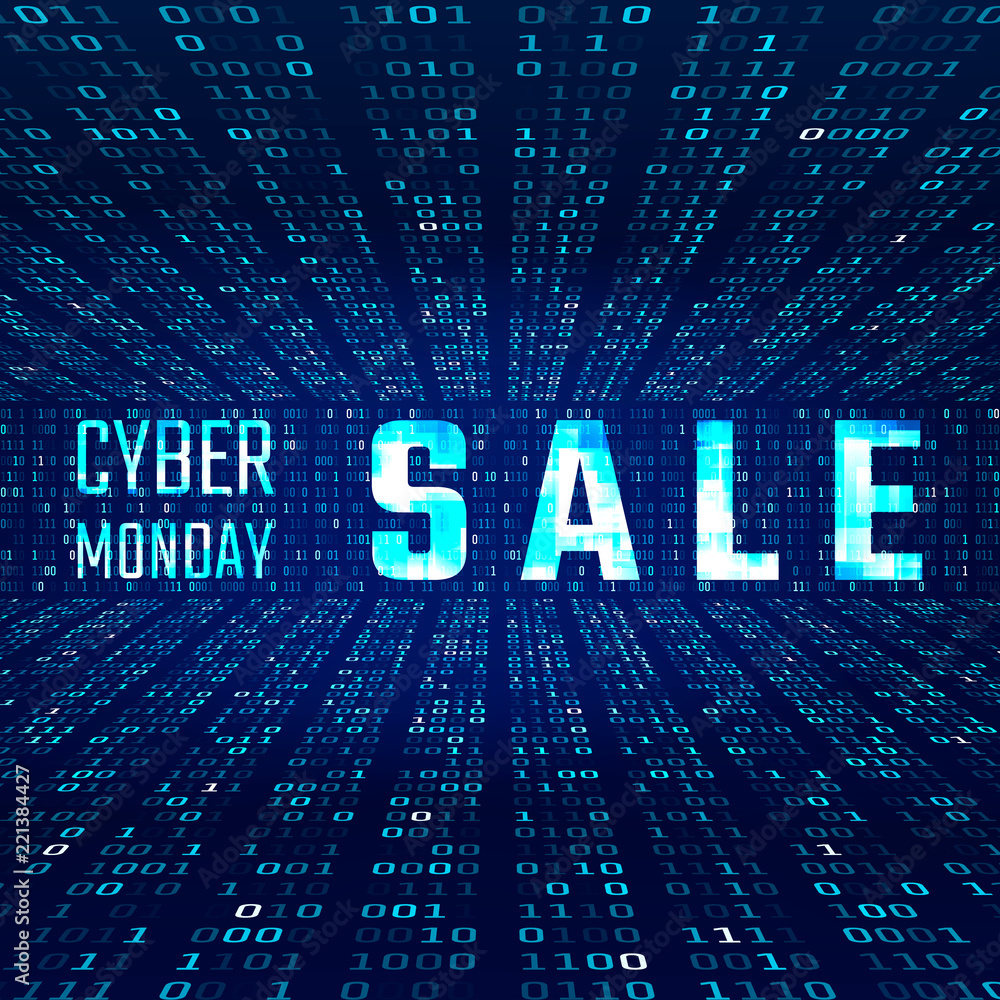 Aufkleber cyber monday sale banner with glitch effect on binary code background. vector illustration