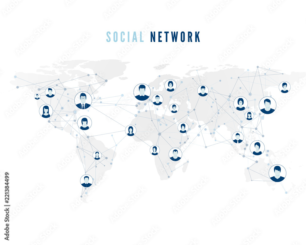 Poster global social network connection on world map background. user avatars connected to the world wide n