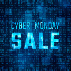 Cyber monday sale technology banner. Discount offer template on binary code background. Vector illustration