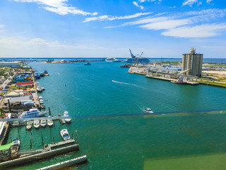 Cape Canaveral, USA. The arial view of port Canaveral from cruise ship, docked in Port Canaveral, Brevard County, Florida - obrazy, fototapety, plakaty