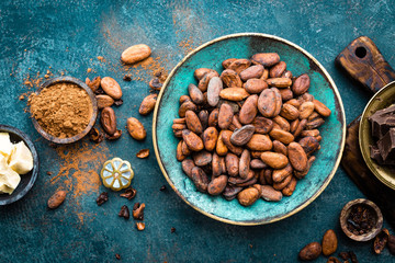 Cocoa. Cocoa beans, dark bitter chocolate chunks, cacao butter and cocoa powder. Cocoa  background