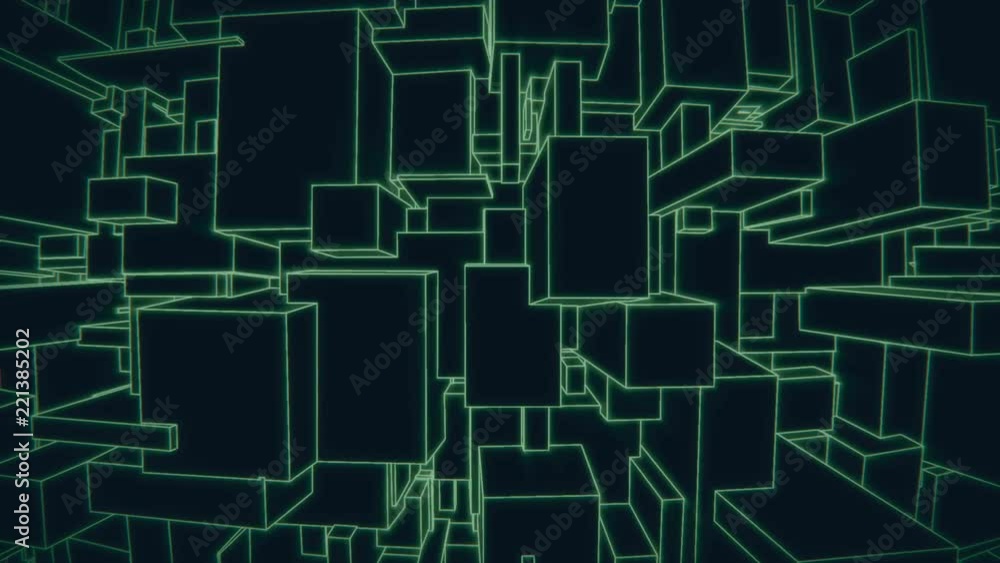 Poster vertically moving camera on a vintage 3d green vector background city loop