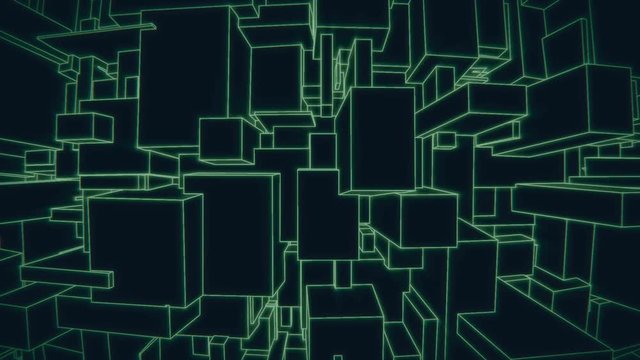 Vertically moving camera on a vintage 3d green vector background city loop