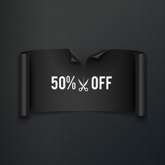 50% off, half price discount, black realistic ribbon, advertisement, big sale, vector illustration