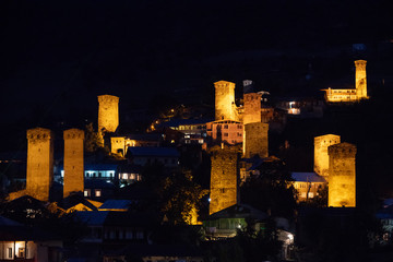 old Svan towers illuminated at night