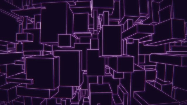 Vertically moving camera on a vintage 3d purple vector background city loop