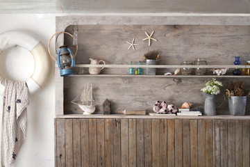 vintage wooden shelf wall in marine style