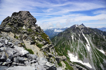 Scenery of the Japanese Alps: From Hotakadake at Daikiretto ridge (gap in a mountain ridge)