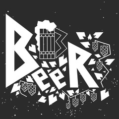 Beer. Hand drawn illustration with beer mug,  lettering and decoration elements.