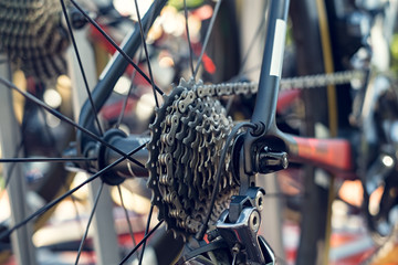 Closeup rear cassette and chain of the road bike