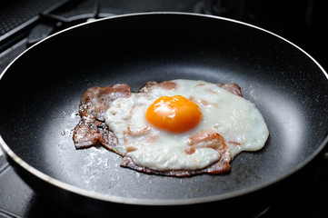 目玉焼き　ベーコンエッグ　キッチン