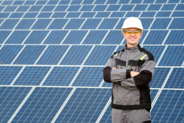 Solar panels engineer in white cask