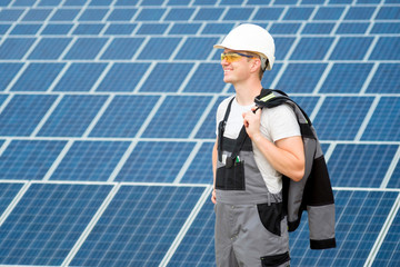 Solar panels engineer in white cask