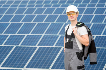 Solar panels engineer in white cask