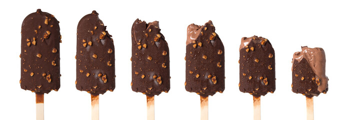 Set of diffrent ice creams on stages of eatings isolated on white background.