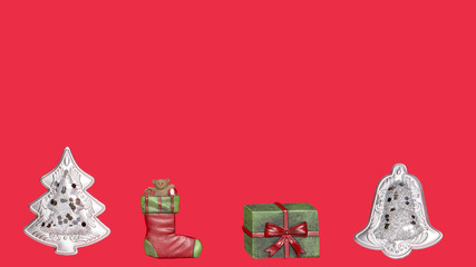 Weihnachtsbaum und Weihnachtsglocke mit Weihnachtsgeschenke vor einem roten Hintergrund