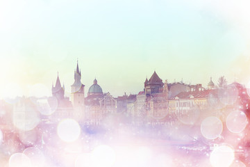 Fototapeta na wymiar pink Prague background and red roofs / background of the blurred landscape of the czech republic, Prague, panoramic view of the red roofs of Prague