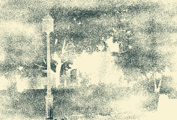 Obraz premium Tree alley with streetlights in the park. Vintage photo imitation. Grain noise effect
