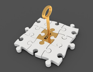 Jigsaw puzzle piece with key in keyhole.