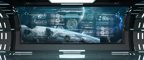 Dark spaceship interior with control panel digital screens 3D rendering © sdecoret
